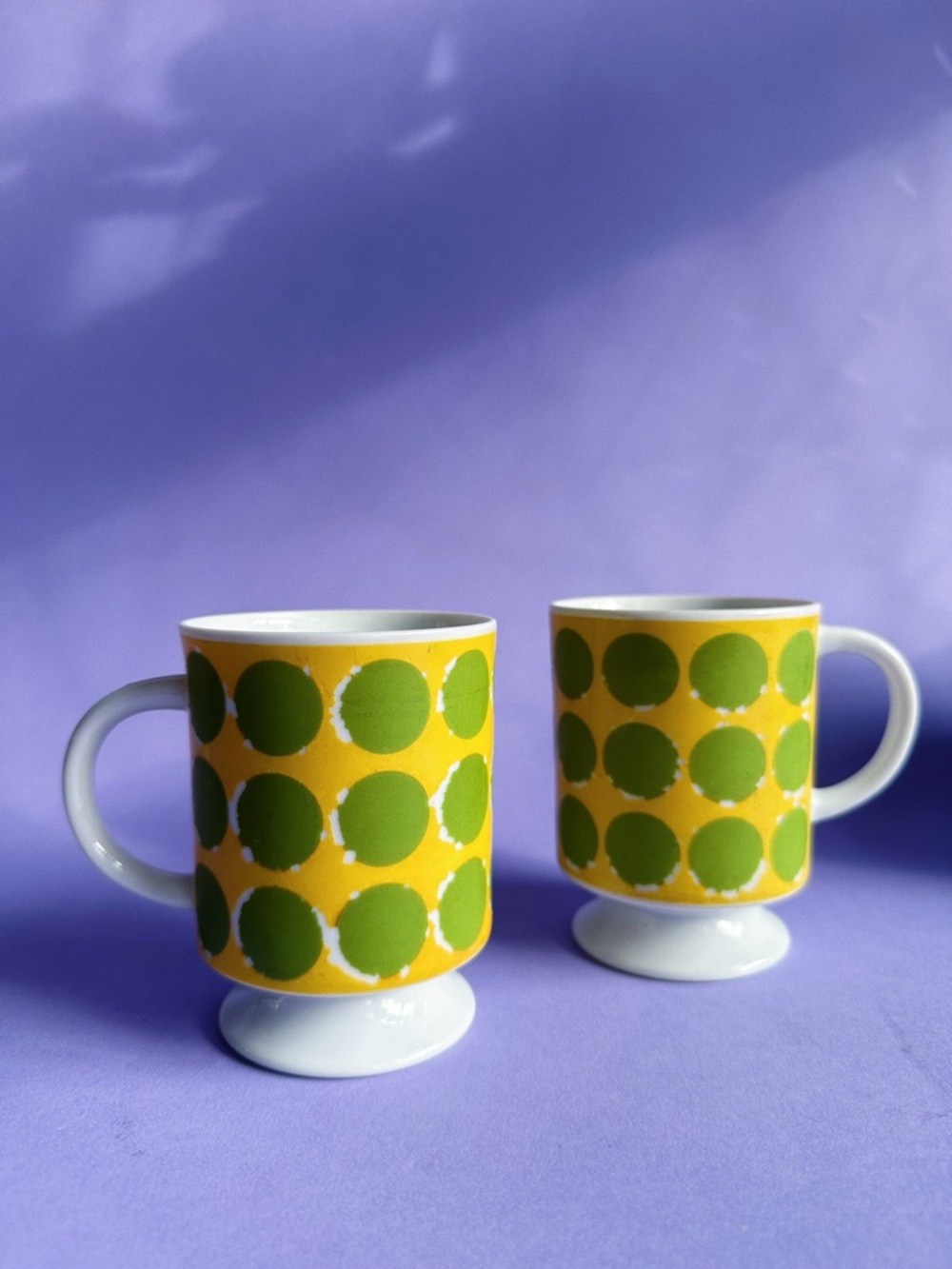 Pair of Vintage 70's Retro Green Yellow Footed Polka Dot Coffee Mug Tea Cups